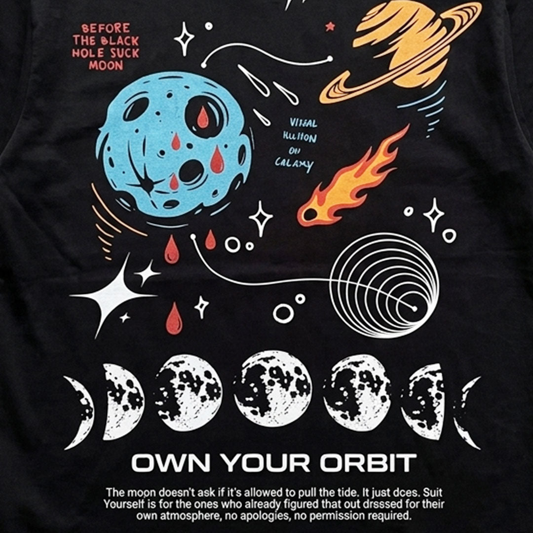 Own Your Orbit black graphic tee detail — Suit Yourself Egypt